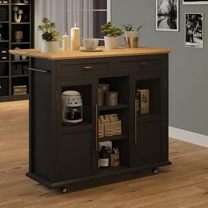 GAOMON 41" Rolling Kitchen Island Cart with Drop Leaf - Mobile Storage Cart 41" W x 16" D, Expandable Kitchen Island for Small Spaces, Farmhouse Style for Dining Room & Kitchen (Black and Natural)