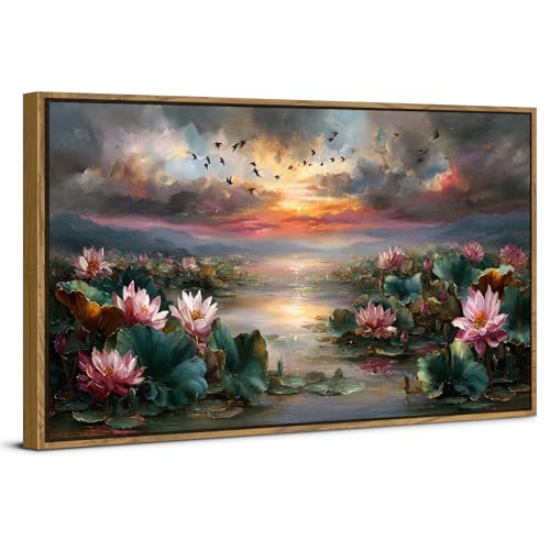 Lake Lotus Scenery Wall Art Zen Decor Emerald Green Plant Pink Flower Poster for Living Room Abstract Poud Landscape Picture Framed Summer Nature Artwork Bedroom Bathroom Office Home Decorations 20x40 - color: Lotus, size: 20"L x 40"W