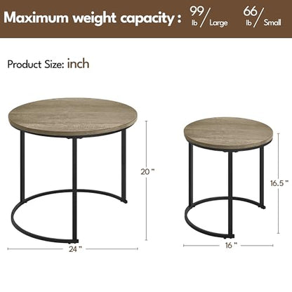 Yaheetech Round Nesting Coffee & Side Table Set of 2 for Living Room, Gray | Space-Saving Nesting Design, Engineered Wood Tops on Black Metal Frames, Use Apart as End Tables, Easy Assembly, 99 lb Max - color: Grey