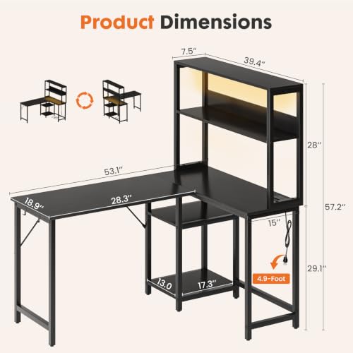 Sweetcrispy 53" Computer Desk, L Shaped Corner Gaming Desk, Power Outlet | Reversible Corner Computer Table, Adjustable Shelf CPU Stand, CPU Stand Hook, Home Office, Black - size: 53 Inch
