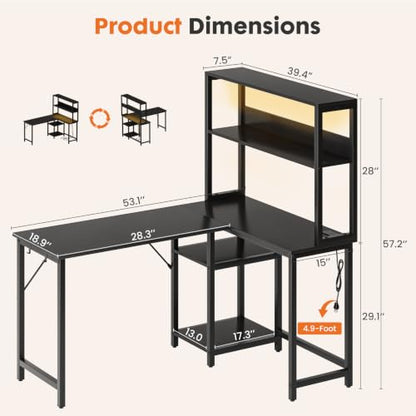 Sweetcrispy 53" Computer Desk, L Shaped Corner Gaming Desk, Power Outlet | Reversible Corner Computer Table, Adjustable Shelf CPU Stand, CPU Stand Hook, Home Office, Black - size: 53 Inch