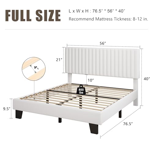 Einhomn Full Size Bed Frame with Headboard, Upholstered Velvet Platform Bedframe with Solid Wooden Slats, Noise-Free, No Box Spring Needed, Easy Assembly, White - color: White, size: Full