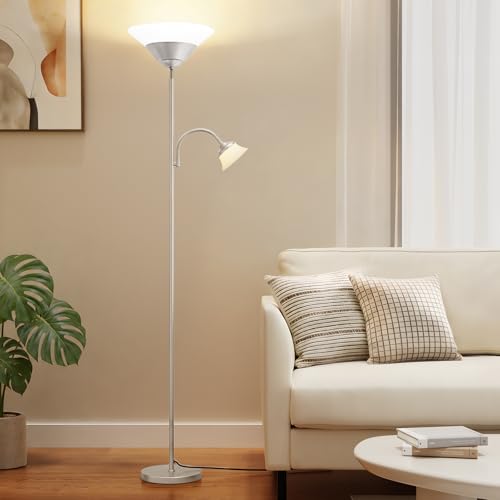 2-in-1 Torchiere Floor Lamp, 34W Super Bright LED Standing Lamp with Remote & Touch Control, 72" Dimmable Adjustable Corner Reading Lamp for Living Room, Bedroom, Office, Silver - color: Silver