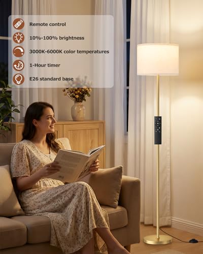 Dimmable Floor Lamp for Living Room with Remote, 9W 900LM LED Bulb Included, Beige Shade Gold Pole - color: gold & beige
