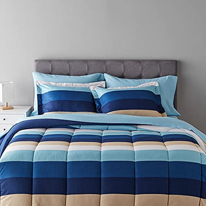 Amazon Basics Full/Queen Comforter Set with Sheets, 7-Piece Blue Stripe Bedding, Lightweight Microfiber Bed-in-a-Bag, Striped - color: Blue Stripe, size: Full/Queen, style: 1-Pack