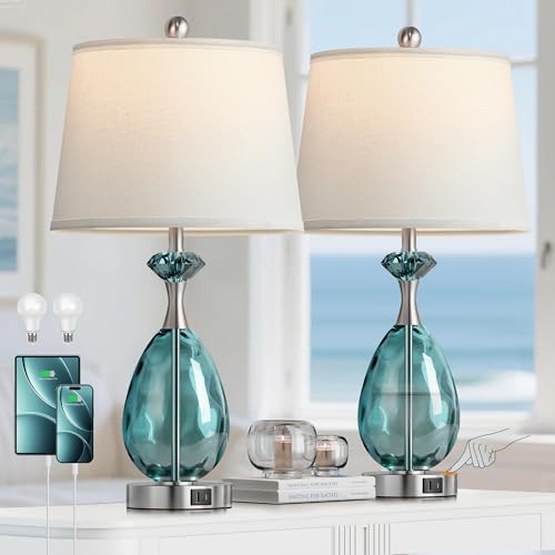 Coastal Glass Table Lamps Set of 2, 3-Way Dimmable Touch Control Nautical Lamp with USB A+C Ports,Bedside Lamp Beach Decor,Nightstand Lamp with White Shade for Living Room Bedroom(LED Bulbs Included) - color: Blue