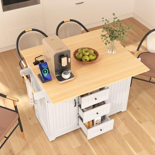 55.7'' Kitchen Island with 2 Drop Leaf, Rolling Kitchen Island On Wheels with Power Outlet, Mobile Island Table with with Storage, for Kitchen, Dining Room (White) - color: White