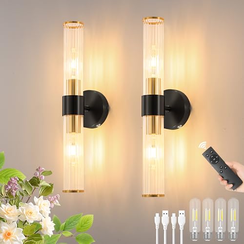 Black Gold Battery Operated Wall Sconces Set of 2, Rechargeable Wall Lights with Dimmable Remote Control, 20“ Modern Sconces Wall Decor, Wireless Wall Lamp for Bedroom, Living Room (Bulbs Included) - color: Black Gold