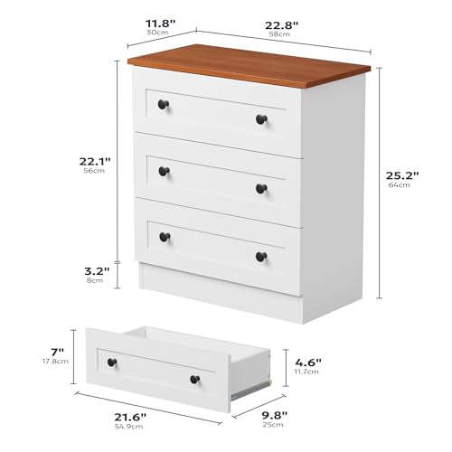 Furnify 3 Drawer Dresser Set of 2, Modern Chest of Drawers, White & Walnut | Farmhouse Wood Nightstand Bedside Cabinet End Table, Modern Closet Storage Organizer for Bedroom, Living Room - size: 11.8"D x 22.8"W x 25.2"H (6 Drawers)