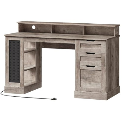 55-Inch Farmhouse Executive Desk with 2 Drawers and File Cabinet, Computer Desk with 3-Tier Storage Shelves, Home Office Desk with Charging Station, Pegboard and Monitor Shelf, Gray - color: Grey