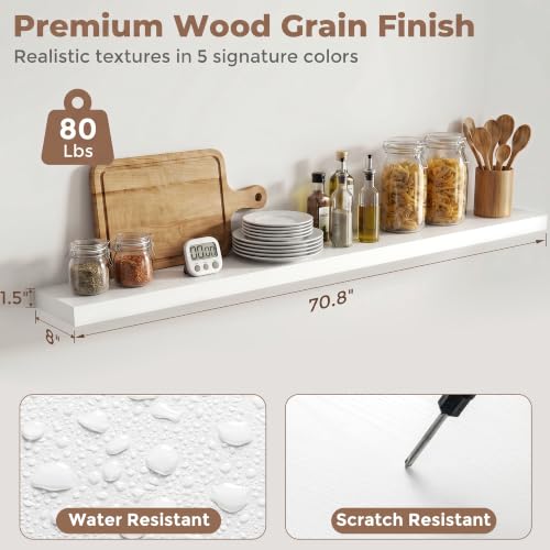 8 inch Deep Floating Shelves for Wall, 72" Wide, White Finish, 2-Pack | Engineered Wood Wall Shelves with Invisible Brackets for Living Room, Bedroom, Bathroom, Office & Kitchen Storage - color: White Finish, size: 72"W x 8"D, 2p