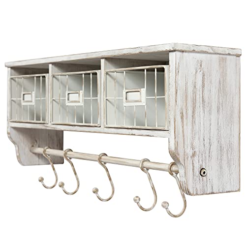 HBCY Creations Wall Mounted Shelf with Coat Hooks and Baskets, Solid Wood Entryway Organizer Wall Shelf with Hooks - Hang Coats, Keys or Coffee Mugs, Rustic Whitewashed 24" Wide - color: Whitewashed