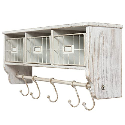 HBCY Creations Wall Mounted Shelf with Coat Hooks and Baskets, Solid Wood Entryway Organizer Wall Shelf with Hooks - Hang Coats, Keys or Coffee Mugs, Rustic Whitewashed 24" Wide - color: Whitewashed