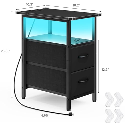 Set of 2 Black Nightstand with Charging Station and LED Lights, Narrow Side Table, LED Night Stand with 2 Fabric Drawers, Bedside Table Small End Table, Tall Nightstand for Bedroom, Black - color: Black, size: 2, style: With LEDs