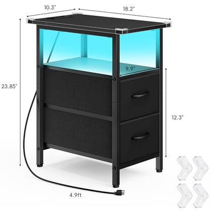 Set of 2 Black Nightstand with Charging Station and LED Lights, Narrow Side Table, LED Night Stand with 2 Fabric Drawers, Bedside Table Small End Table, Tall Nightstand for Bedroom, Black - color: Black, size: 2, style: With LEDs