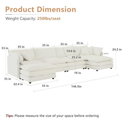 Modular Sectional Sofa, 146.5 Inch U Shaped Couch Set for Living Room, 4-Seater Comfy Cloud Couches with Two Movable Ottoman, DIY Combination, Chenille, Beige - color: Beige, size: 146.5 Inch- U