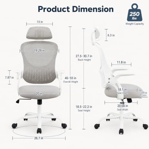 Grey Ergonomic Office Chair, High Back Mesh Desk Chair with Adjustable Headrest Lumbar Support, Computer Chairs with Flip-up Armrests and Thickened Cushion for Adults Home Office, 360° Swivel - color: Grey With Headrest