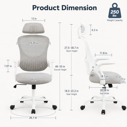 Grey Ergonomic Office Chair, High Back Mesh Desk Chair with Adjustable Headrest Lumbar Support, Computer Chairs with Flip-up Armrests and Thickened Cushion for Adults Home Office, 360° Swivel - color: Grey With Headrest