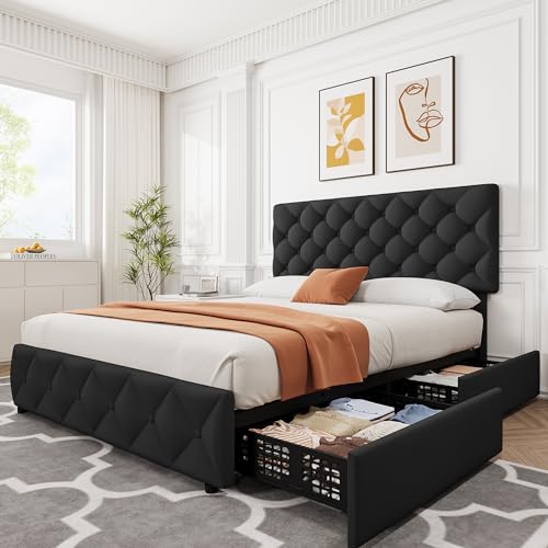 IDEALHOUSE Linen Fabric Queen Size Bed Frame with 4 Storage Drawers, Black | Upholstered Platform Bed Frame With Adjustable Headboard, Diamond Stitched Button Tufted, No Box Spring Needed - color: Black, size: Queen