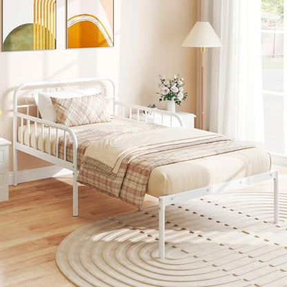 GIANTEX Metal Twin Bed Frame, Convertible Sofa Bed with Headboard & Armrests, Pull-Out Sleeper Chair Bed for Small Spaces Dorm Guest Apartment, Suitable for Folding Sofa Mattress, White - color: White