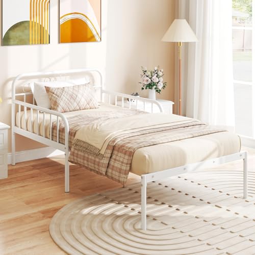 GIANTEX Metal Twin Bed Frame, Convertible Sofa Bed with Headboard & Armrests, Pull-Out Sleeper Chair Bed for Small Spaces Dorm Guest Apartment, Suitable for Folding Sofa Mattress, White - color: White