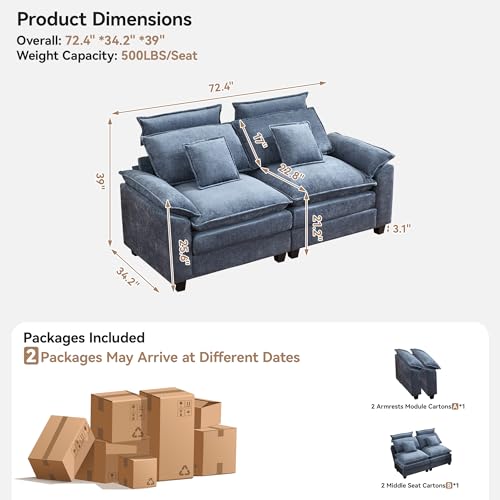 72'' Cloud Modern Loveseat Couch with Detachable Headrest, Modular Sectional Sofa Couch Deep Love Seat, Oversized 2 Seater Chenille Comfy Sofa with Armrests for Living Room, Blue - color: Blue, size: Loveseat