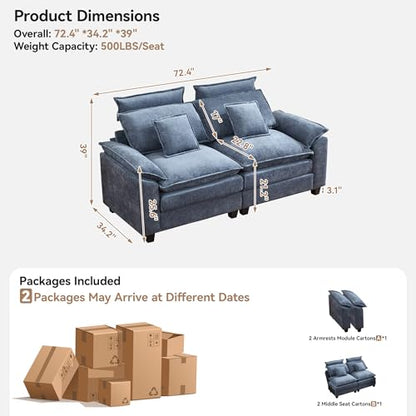 72'' Cloud Modern Loveseat Couch with Detachable Headrest, Modular Sectional Sofa Couch Deep Love Seat, Oversized 2 Seater Chenille Comfy Sofa with Armrests for Living Room, Blue - color: Blue, size: Loveseat