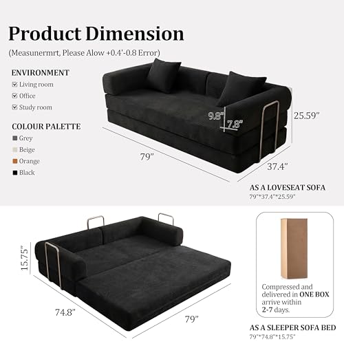 79" Boneless Couch,4-in-1 Futon Sofa Bed Modular Loveseat Sleeper Folding Compressed Couch with Pillows,No Assembly Required Convertible Sofa Bed for Living Room Bedroom Guest Room,Black - color: Black, size: 79” Sofa