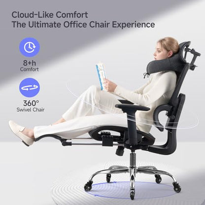 Office Chair with Footrest, Ergonomic Chair with Neck Pillow & Rubber Wheels, Computer Chair with Adjustable Backrest & 3D Armrests Headrest, Gaming Chair Adaptive Lumbar Support, Black - color: Black, style: Pro