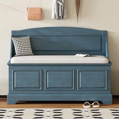 LUMISOL Shoe Storage Bench with Seating, 41.7” Farmhouse Entryway Bench with Cushion and Hidden Storage, Upholstered Storage Ottoman for Living Room, Entryway, Bedroom, Antique Navy - color: Antique Navy, size: 41.7"L x 17.9"W x 30.1"H