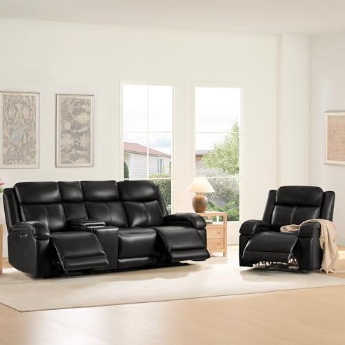 Watson & Whitely Wall Hugger Power Reclining Sofa with Console, Black | Genuine Leather Recliner Sofa, Power Headrests, Center Storage Console, Cup Holders, 3-Seater Couch, Living Room & RV - color: Black, style: 3 Seater Sofa (with console)