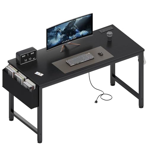 Lufeiya Gaming Desk with Power Outlet, 47 inch Teen Study Table Home Office Work Writing Computer Desks with Charging Station Outlets Built in, Black - color: Black, size: 47.2"