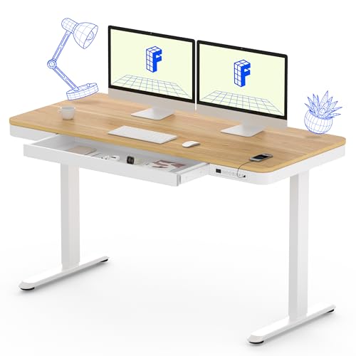 FLEXISPOT Comhar 55" Electric Standing Desk with Drawers, USB Charging Ports, Quick Assembly, Height Adjustable Sit Stand Computer Desk with Child Lock for Scandinavian Home Office, Maple - size: 55"Maple/White