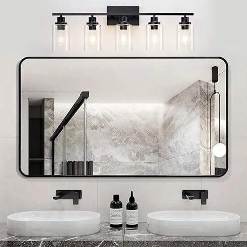 5 Light Bathroom Light Fixtures Black Vanity Light Over Mirror Modern Farmhouse Wall Lighting Sconces Wall Lamp for Bathroom, Bedroom, Living Room E26 Socket with Glass Shade - color: Black, size: 5 Light