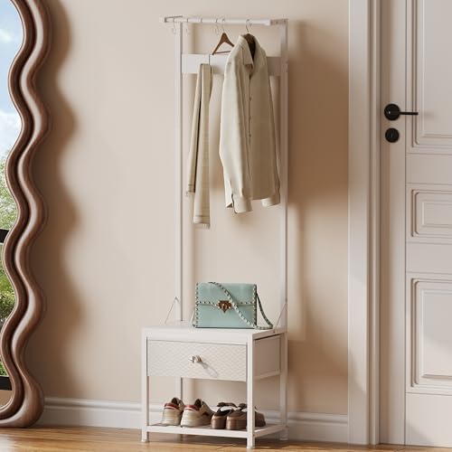LUMTOK Hall Tree with Shoes Bench Storage,Small Coat Rack with Drawers | 4 in 1 Narrow Hall Tree with shoes storage & fabric drawers,Entryway organizer with coat rack for closet,hallway,bedroom, - color: White