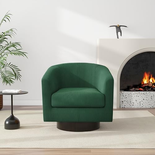 Swivel Barrel Accent Chair, Comfy Reading Armchair, Dark Green, Set of 1 | Club Chairs for Adults, Low-Back Design, Modern Round Style, Solid Wood Frame & Metal Swivel Base, For Living Room & Bedroom - color: Dark Green