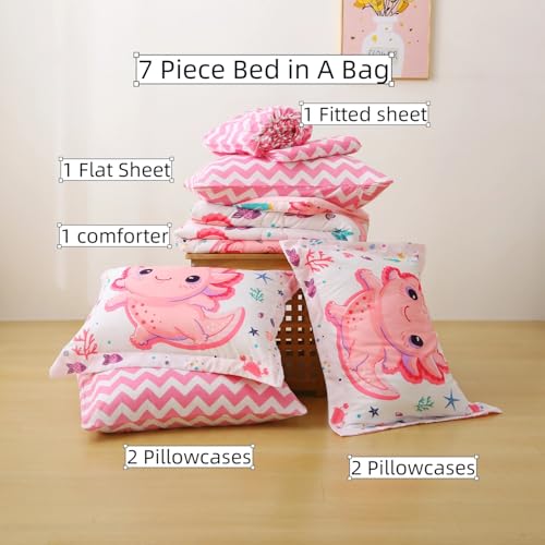 Girls Pink 7 Piece Axolotl Comforter Bedding Set for Kids Queen Size Kawaii Axolotl Bedding for Teen 3D Animals Colorful Bed Set (Comforter,Flat Sheet,Fitted Sheet and Pillow Sham - color: Axolotl, size: Queen