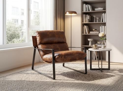 1-Pack Brown PU Leather Accent Chair, Modern Living Room Chair | Comfy Armchairs, Upholstered Lounge Armchair, Removable Seat Cushion, Black Metal Frame, For Reading Room, Bedroom, Balcony - color: Brown-black Legs, size: 1PC