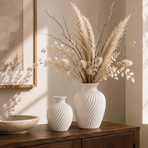 White Ceramic Vase Set of 2|Flower Vase for Home Decor with Rustic Textured