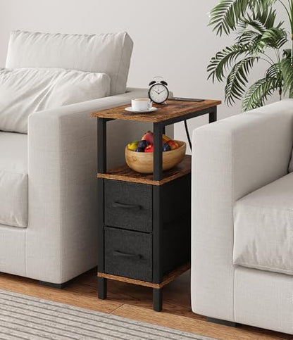 2 Set Narrow Side Table for Small Spaces, Skinny End Table with Charging Station, Sofa Beside Table with 2 Drawers 1 Open Compartment, Slim Nightstand with USB Ports Outlet, Rustic and Brown UTBT004F2 - color: Rustic Brown