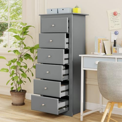 GIANTEX 6-Drawer Dresser for Bedroom, Wooden Chest of Drawers w/Metal Handles & Large Capacity, 16" D x 23" W x 53.5" H Clothes Organizer, Modern Tall Dresser for Bedroom, Entryway, Living Room - color: Grey