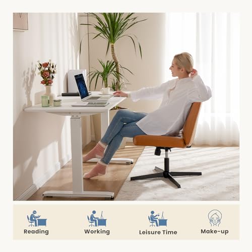 DUMOS Criss Cross Chair No Wheels, Wide Seat Cross Legged Office Desk Vanity Chair, Faux Leather Armless Height Adjustable Swivel Task Computer Chairs for Home, Study, Brown PU - color: Brown Pu