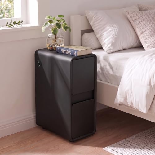 Modern Leather Nightstands of 2, Solid Wood Bedside Table with 2 Drawers & USB Charging Station, Small Preassembled End Table, Narrow Nightstand for Bedroom Living Room Office Black - color: Black, size: 8"