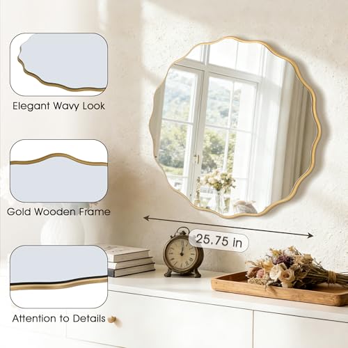 Gold Round Wavy 26" Scalloped Farmhouse Nursery Wall Decor Mirror | Circle Bronze Flower Wood Edge, Modern Wide Gender Neutral Soft Mirror, For Bathroom Bedroom Nursery Entryway Living Room - color: Gold, size: 26"L x 26"W