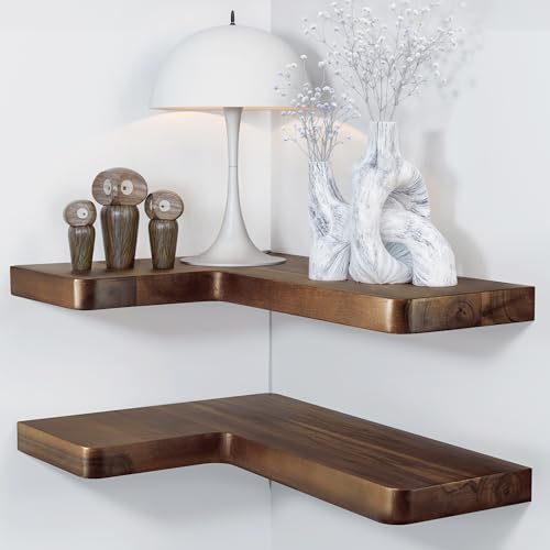BATODA Acacia Wood Corner Floating Shelf 17” x 12”- Corner Shelf Wall Mounted - Floating Book Shelves for Wall - Corner Shelf for Home, Kitchen - with Brackets and Hardware (Walnut Color, 17" x 12") - color: Walnut Color