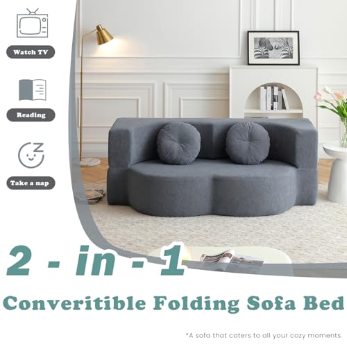 76" Convertible Folding Futon Sofa Bed, Queen Sleeper Sofa with Pillow, Teddy Floor & Futon Loveseat Couch, Foam Folding Mattress Sleeper for Living Room, Guest Use, Apartment, No Assembly (Grey) - color: Grey