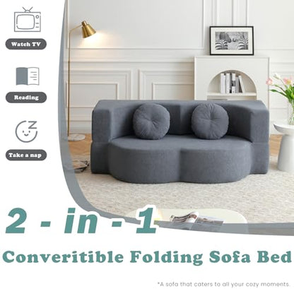 76" Convertible Folding Futon Sofa Bed, Queen Sleeper Sofa with Pillow, Teddy Floor & Futon Loveseat Couch, Foam Folding Mattress Sleeper for Living Room, Guest Use, Apartment, No Assembly (Grey) - color: Grey