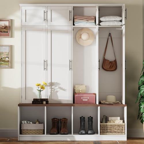 JIVOIT 75" H Farmhouse Hall Tree with Storage, Versatile 4-in-1 Coat Hanger with 4 Hidden Hanging Hooks, 8 Doors, Entryway Shoe Cabinet with Open Compartments for Living Room - color: White//23