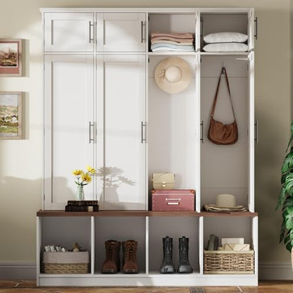 JIVOIT 75" H Farmhouse Hall Tree with Storage, Versatile 4-in-1 Coat Hanger with 4 Hidden Hanging Hooks, 8 Doors, Entryway Shoe Cabinet with Open Compartments for Living Room - color: White//23