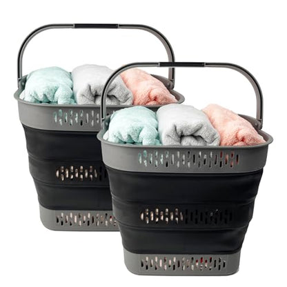 SAMMART 38L (10 Gallon) Collapsible Plastic Laundry Basket - Portable Pop-Up Storage Container/Organizer – Foldable Space Saving Laundry Hamper (2, Grey/Black) - color: Grey/Black